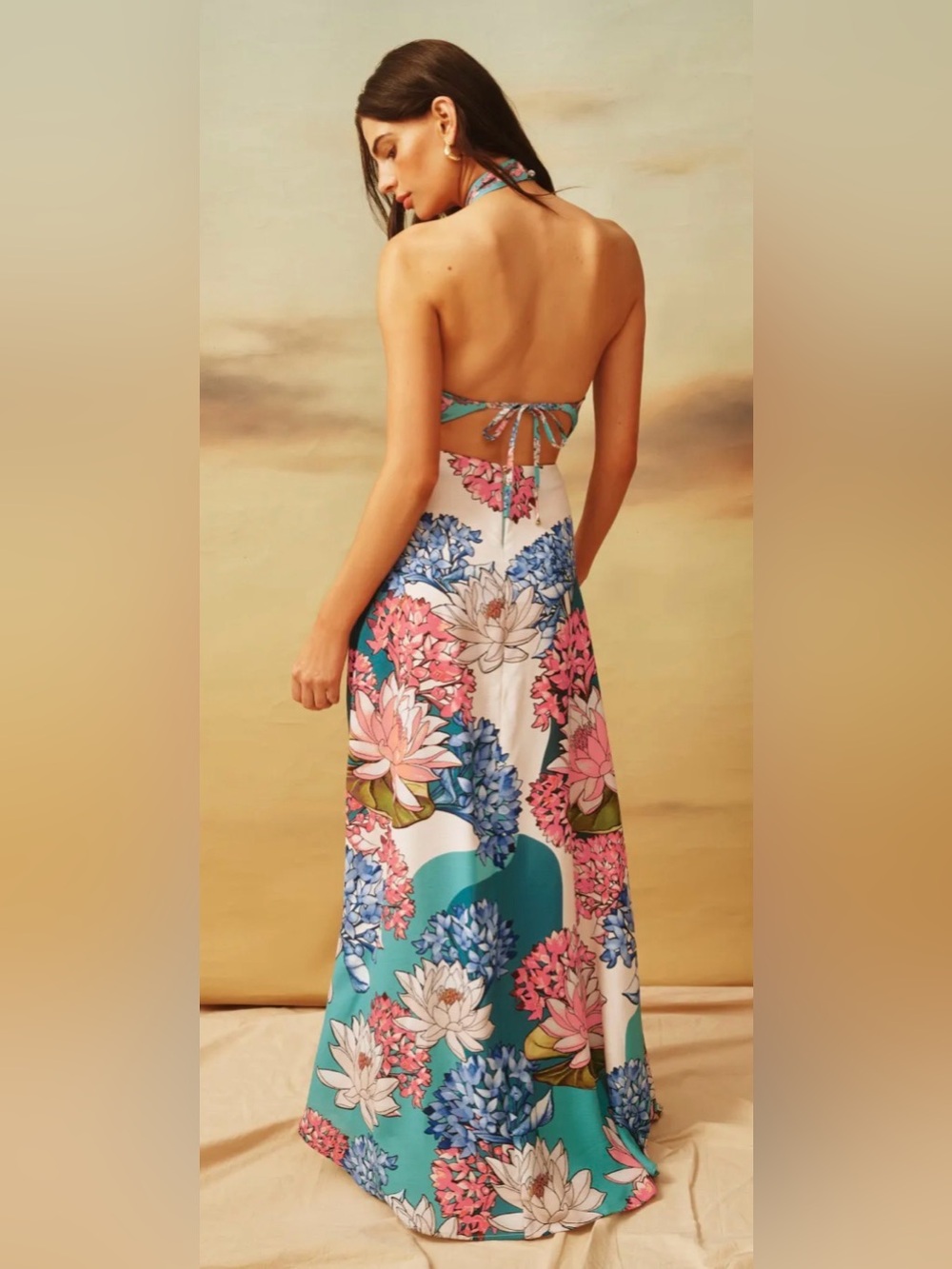 Agua Bendita Teal Floral Halter Top Dress Size M - Picture 3 of 11